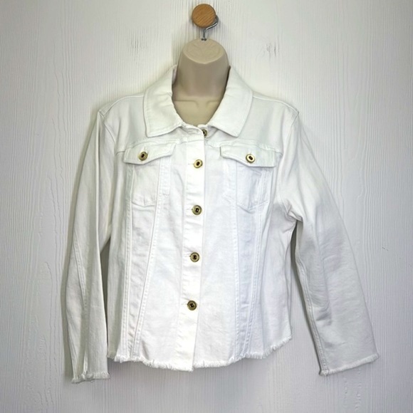 Hilfiger Jeans - White Fringe Gold Button Down Long Sleeve Jean Jacket Size LG - Picture 2 of 12
